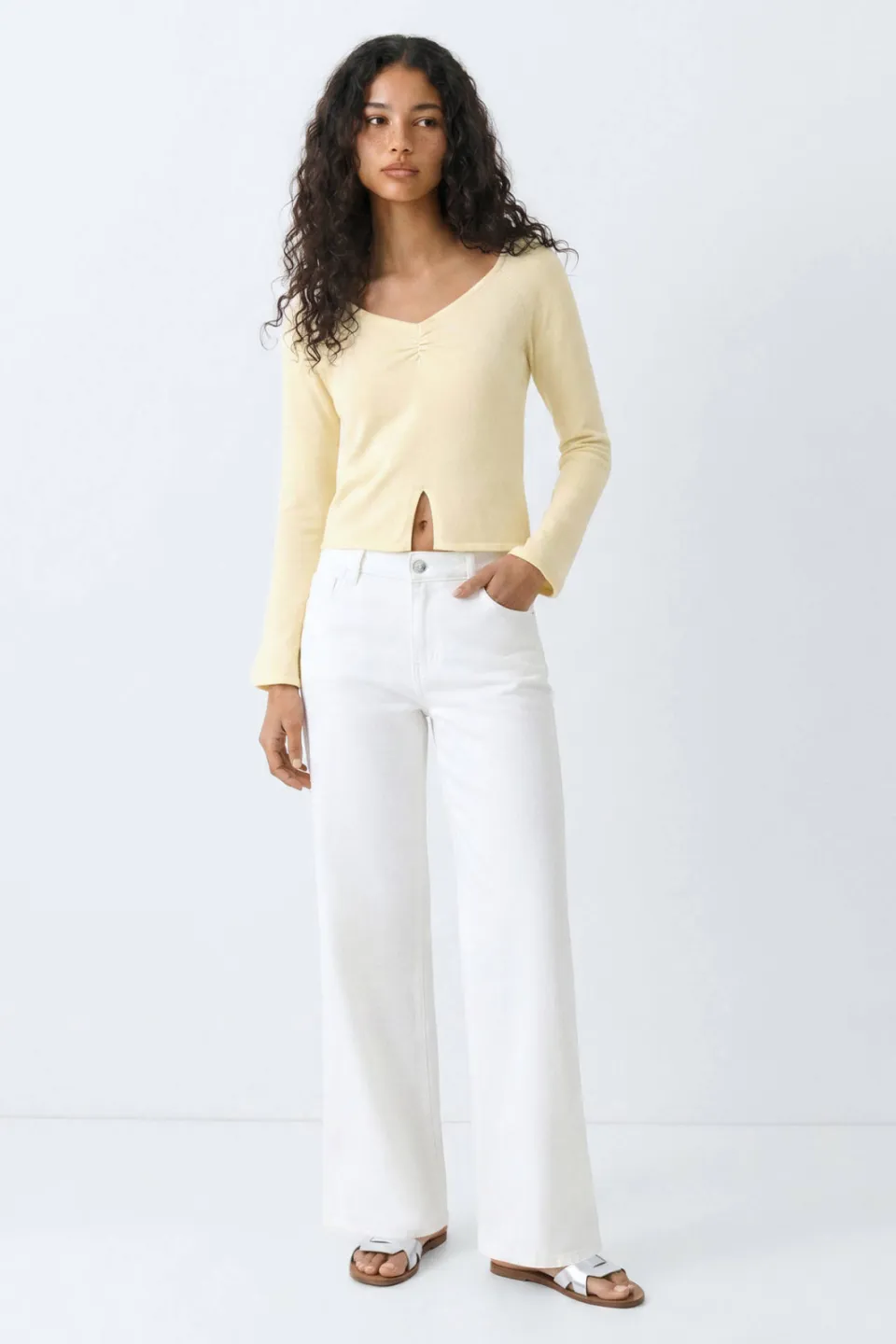 Mango Teen gebreide top met smockwerk lichtgeel
