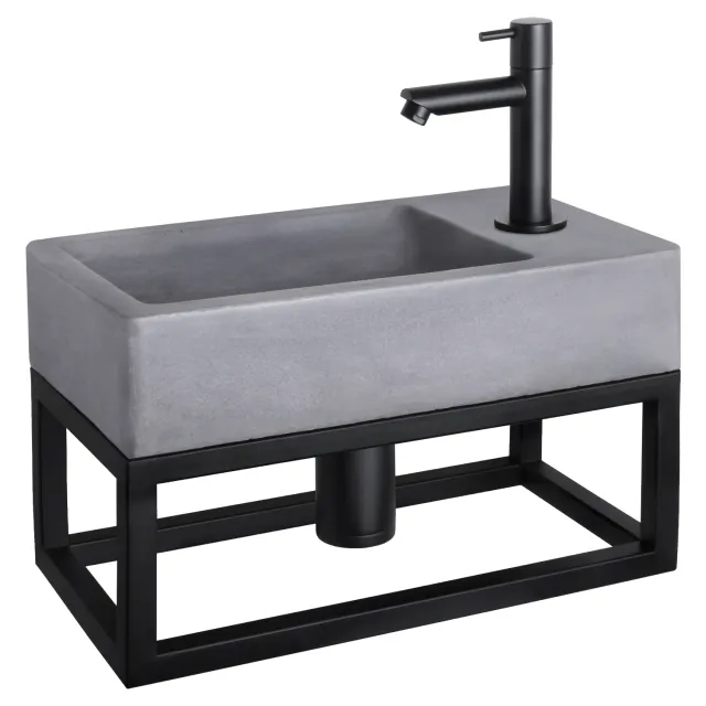 Differnz Fonteinset Differnz Force Beton en Handoekrek 40x22x9 cm Donker Grijs Met Rechte Kraan Mat Zwart