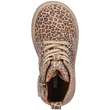 Nelson Kids nubuck veterboots met panterprint brons cognac/zwart, foto 3