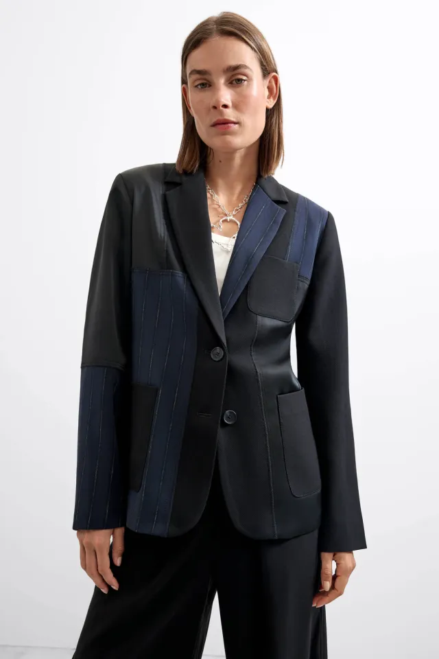 Desigual regular blazer met print - blauw Blauw/zwart
