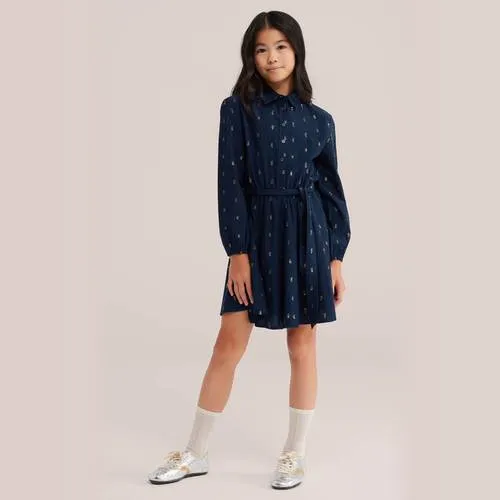 WE Fashion korte jurk met glitterprint donkerblauw donkerblauw/goud, foto 3