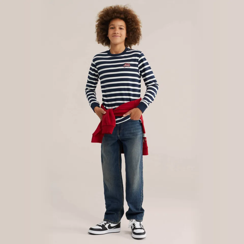 WE Fashion gestreepte longsleeve donkerblauw Donkerblauw/wit