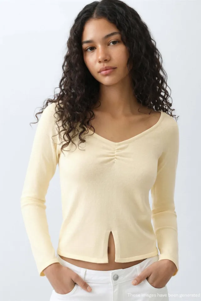 Mango Teen gebreide top met smockwerk lichtgeel, foto 3
