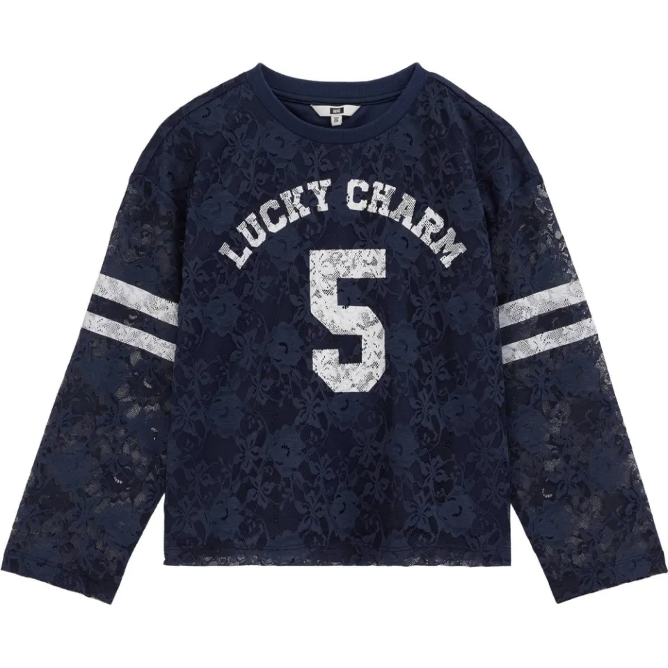 WE Fashion longsleeve met kant en tekst donkerblauw donkerblauw/wit, foto 2