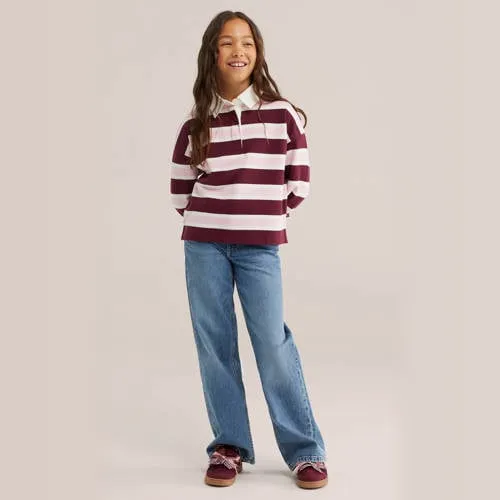 WE Fashion gestreepte longsleeve met polokraag donkerrood donkerrood/roze/wit, foto 3