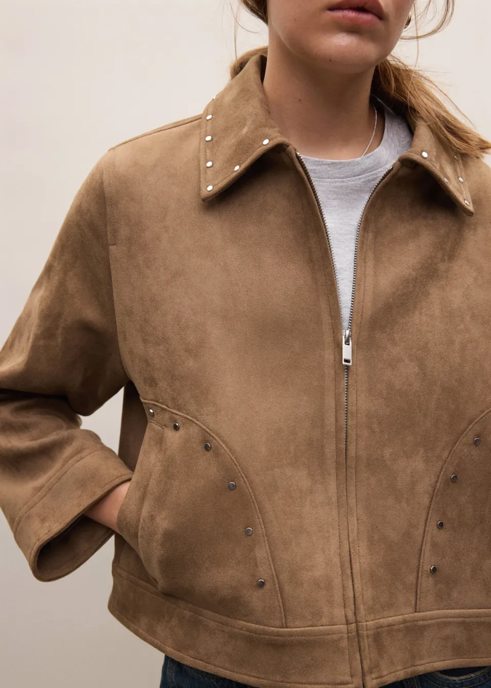 Mango suèdelook jasje met studs middenbruin, foto 5