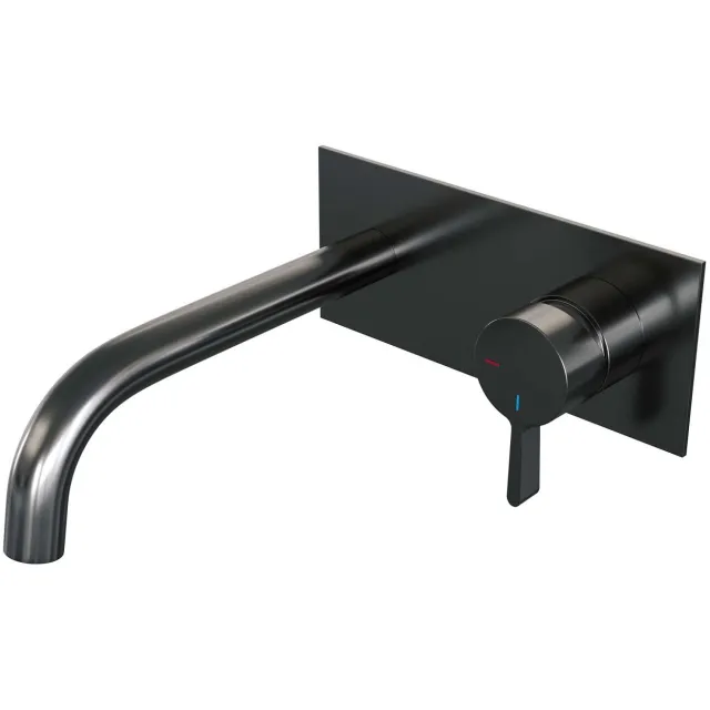 Brauer Inbouw Wastafelmengkraan Brauer Gunmetal Edition Coldstart Gebogen Uitloop Halfronde Hendel Rechts Geborsteld Gunmetal PVD Met Afdekplaat