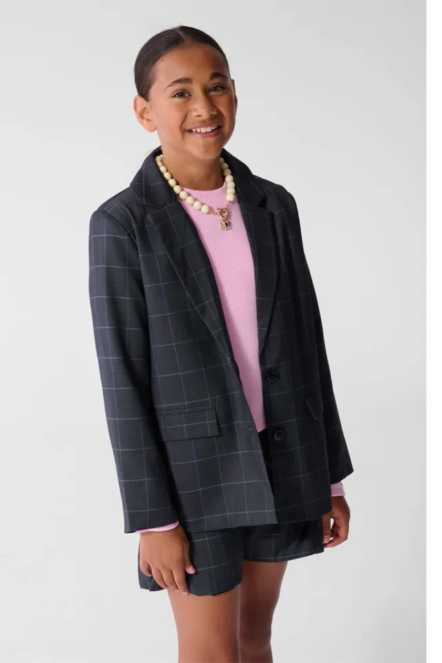 Shoeby regular fit geruite blazer met backprint - donkergrijs