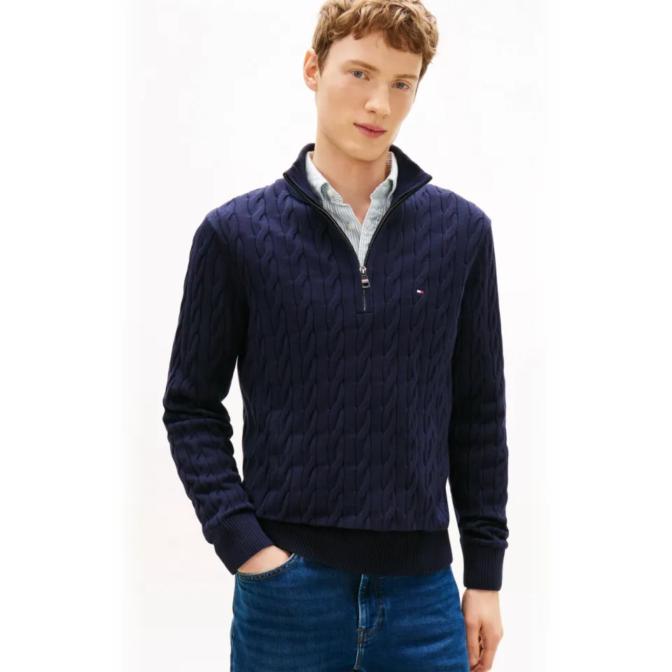 Tommy Hilfiger katoenen regular fit gebreide trui met kabels - donkerblauw