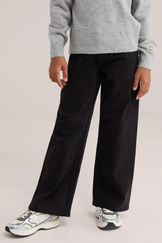 WE Fashion wide leg jeans met strass-steentjes - black denim, foto 3