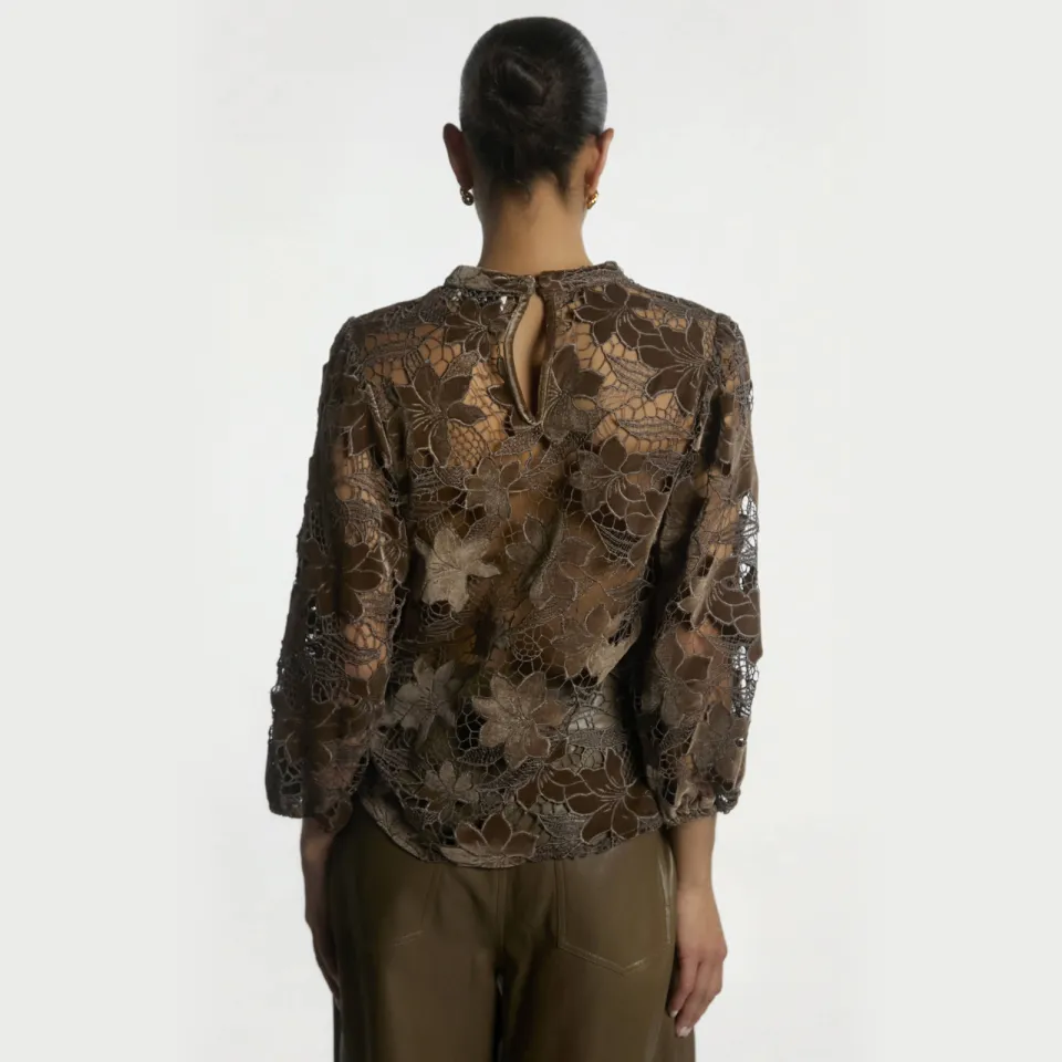 Aaiko top met bloemenkant bruin, foto 5