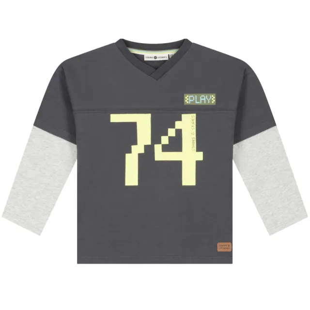 Stains&Stories longsleeve met print antraciet Antraciet/lichtgrijs/limegroen