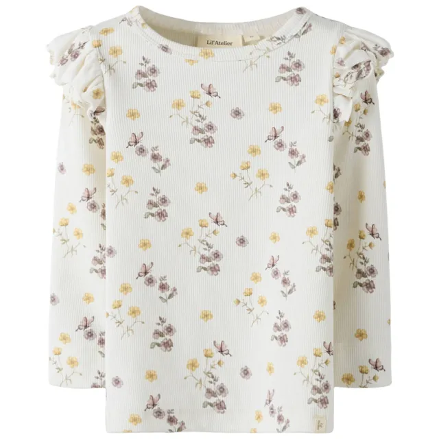 Lil' Atelier Mini gebloemde longsleeve met ruches ecru