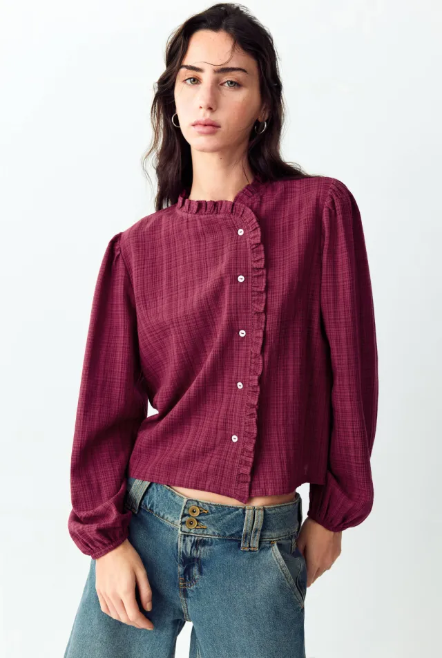 Mango geruite blouse met ruches donkerrood, foto 3