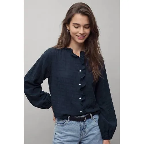Mango Teen rechtvallende blouse met ruches donkerblauw, foto 3