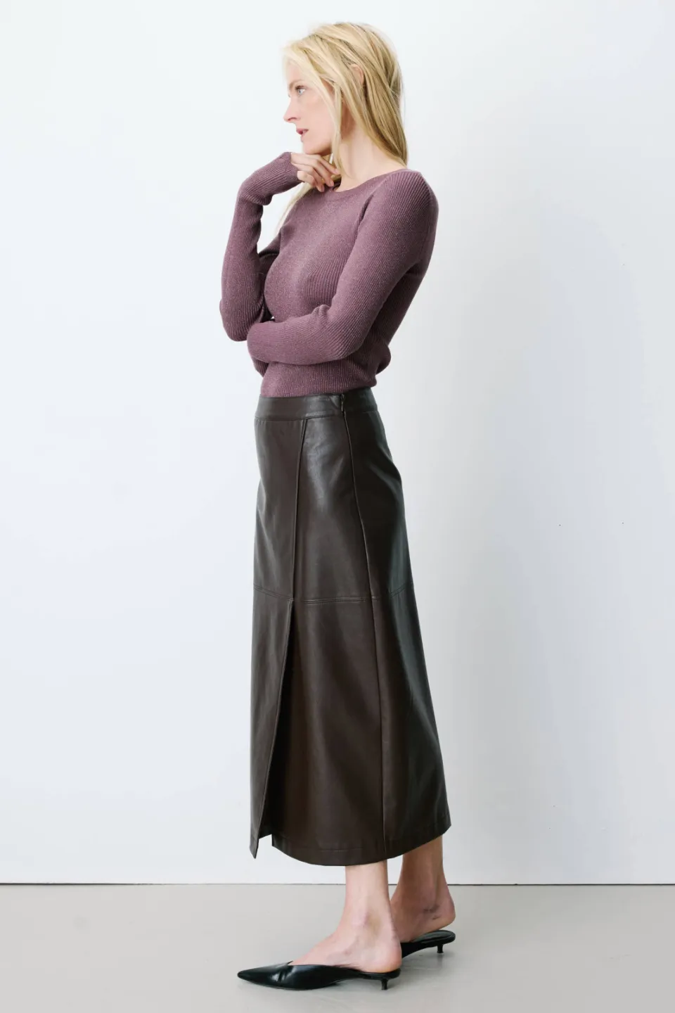 Grace & Mila imitatieleren midirok bruin, foto 3