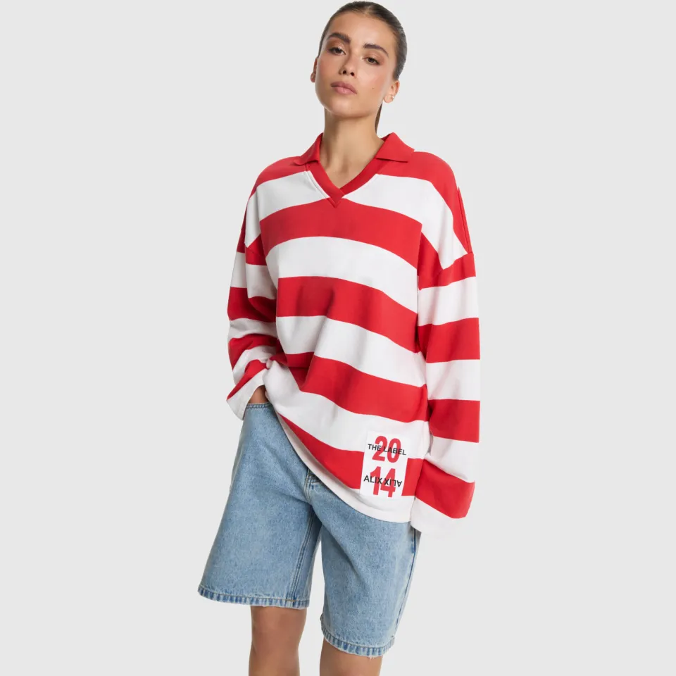 Alix The Label Dames Truien & Vesten Ladies Knitted Block Stripe Polo Sweater - Rood, foto 2