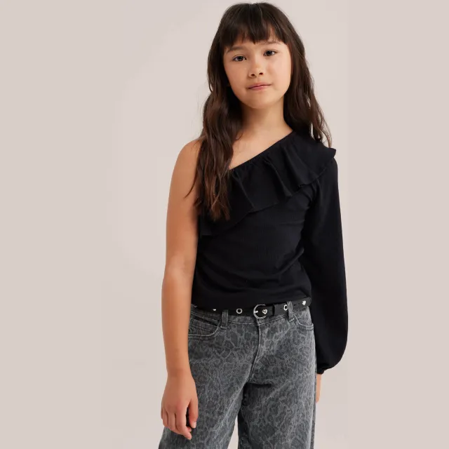WE Fashion one shoulder top met ruches zwart