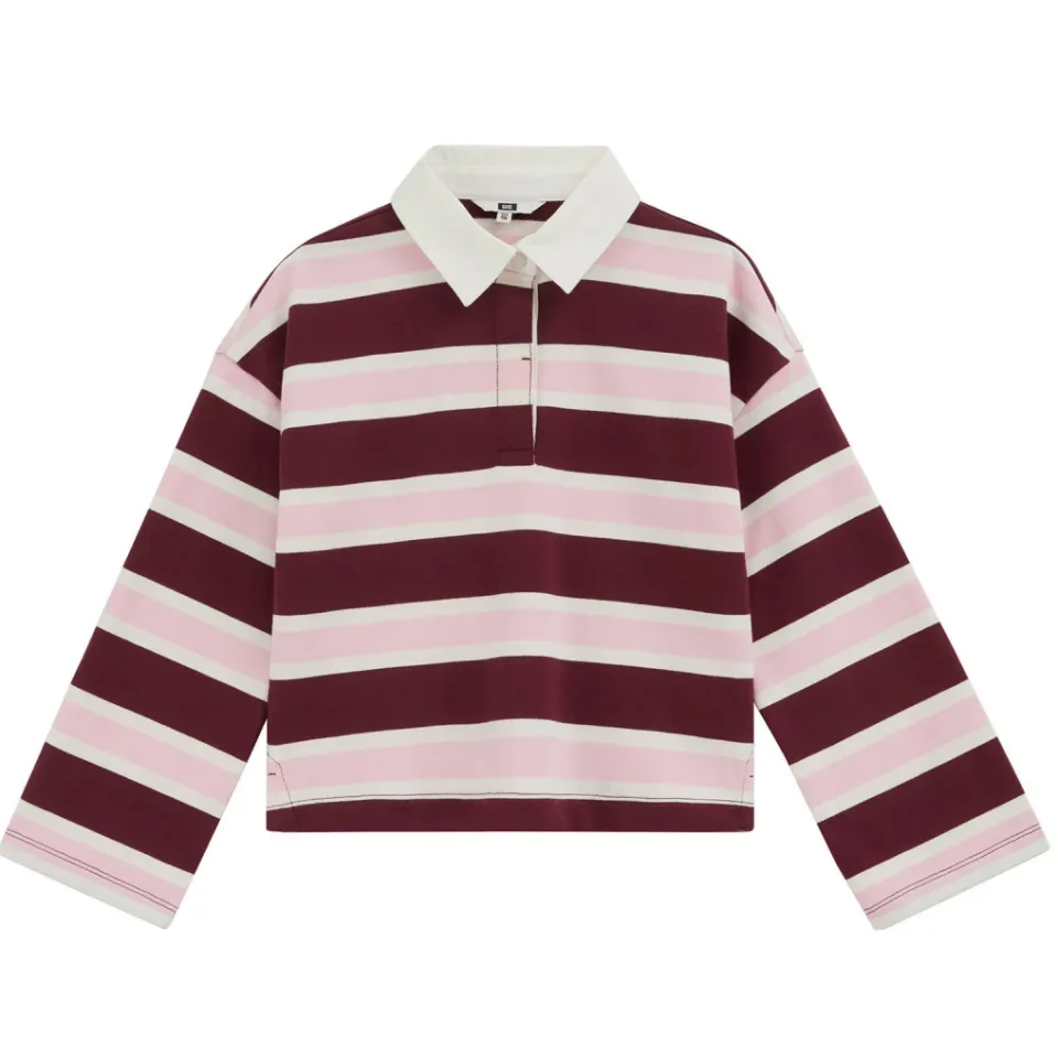 WE Fashion gestreepte longsleeve met polokraag donkerrood donkerrood/roze/wit, foto 2