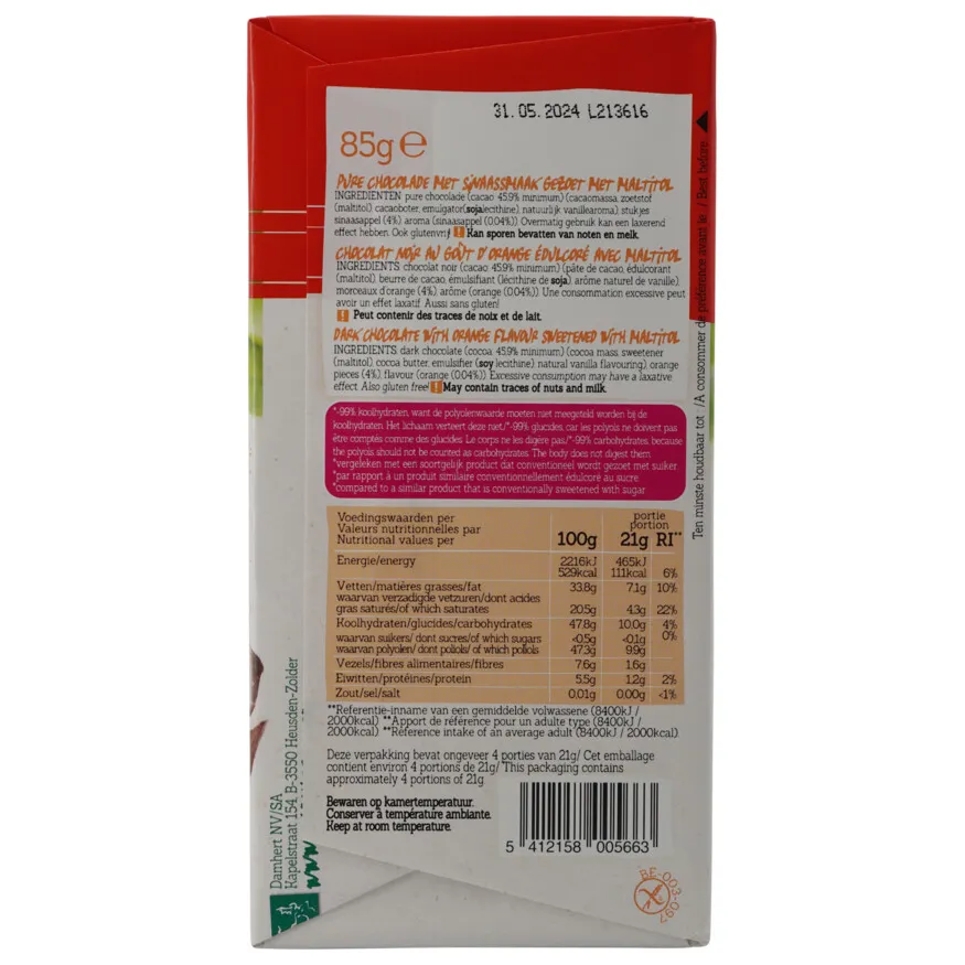 Damhert Noir Orange chocoladetablet minder suikers