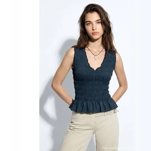 Mango Teen top met peplum en smockwerk donkerblauw, foto 2