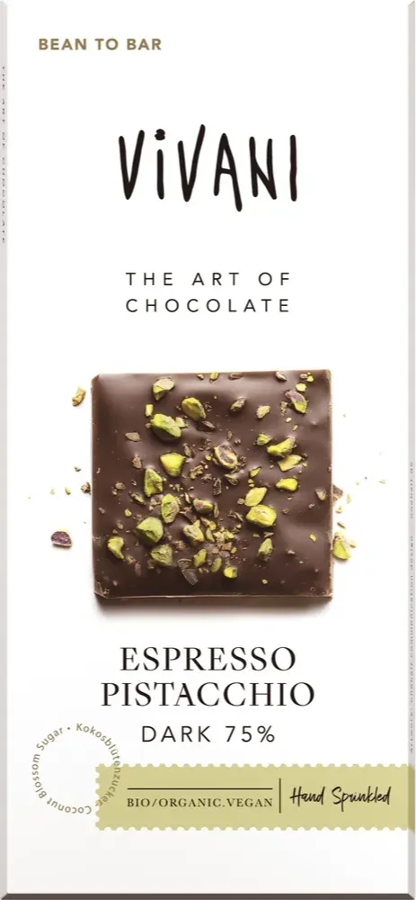 Vivani Chocoladereep Puur 75% Cacao Espresso Pistacchio