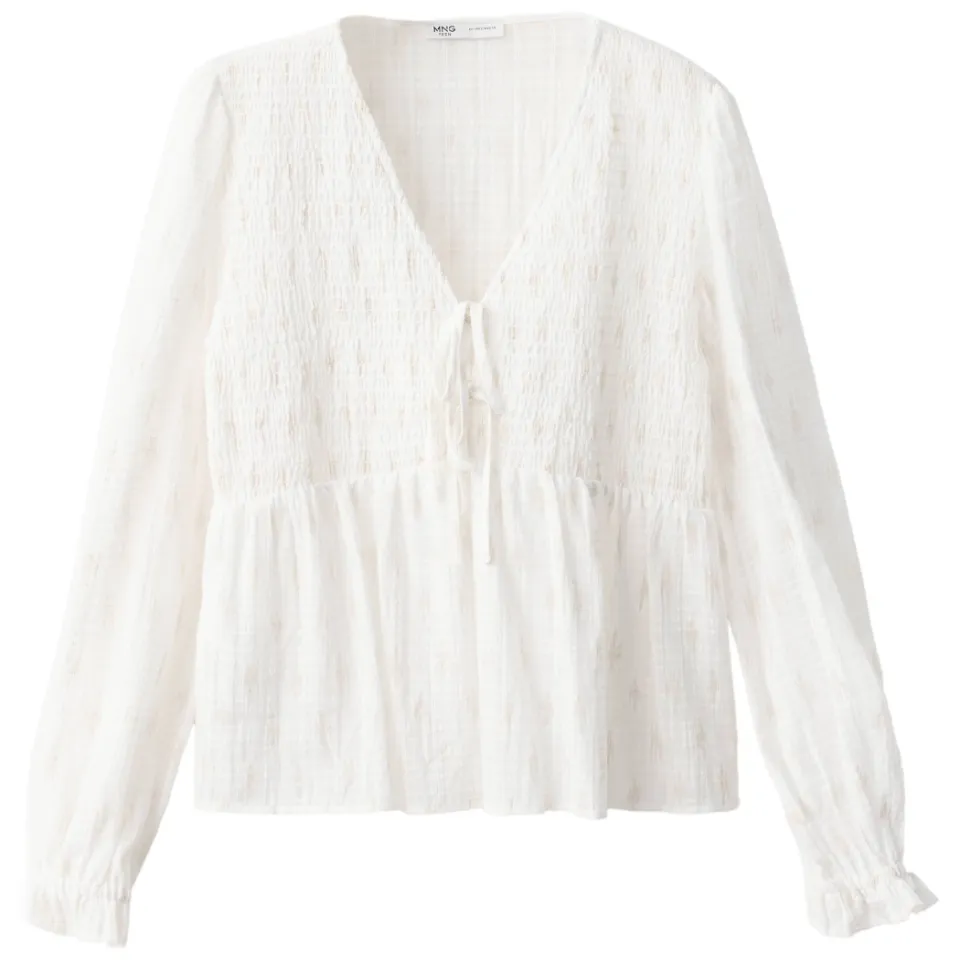 Mango Teen blouse met smockwerk wit, foto 2