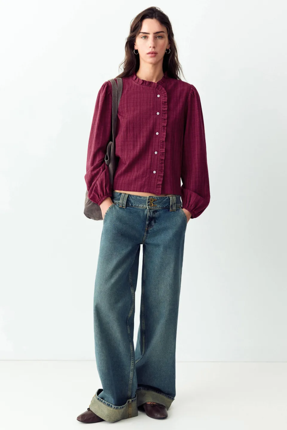 Mango geruite blouse met ruches donkerrood