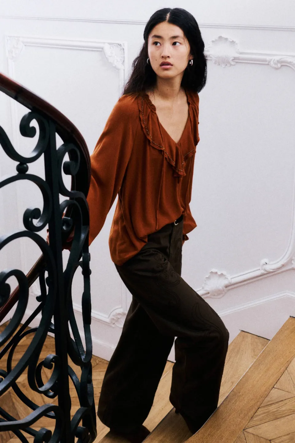 Mango semi-transparante blousetop met ruches bruin, foto 3