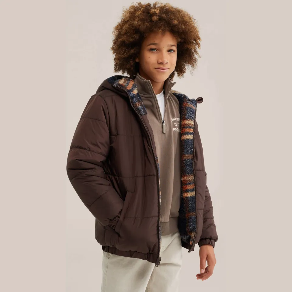 WE Fashion geruite teddy winterjas bruin, foto 5