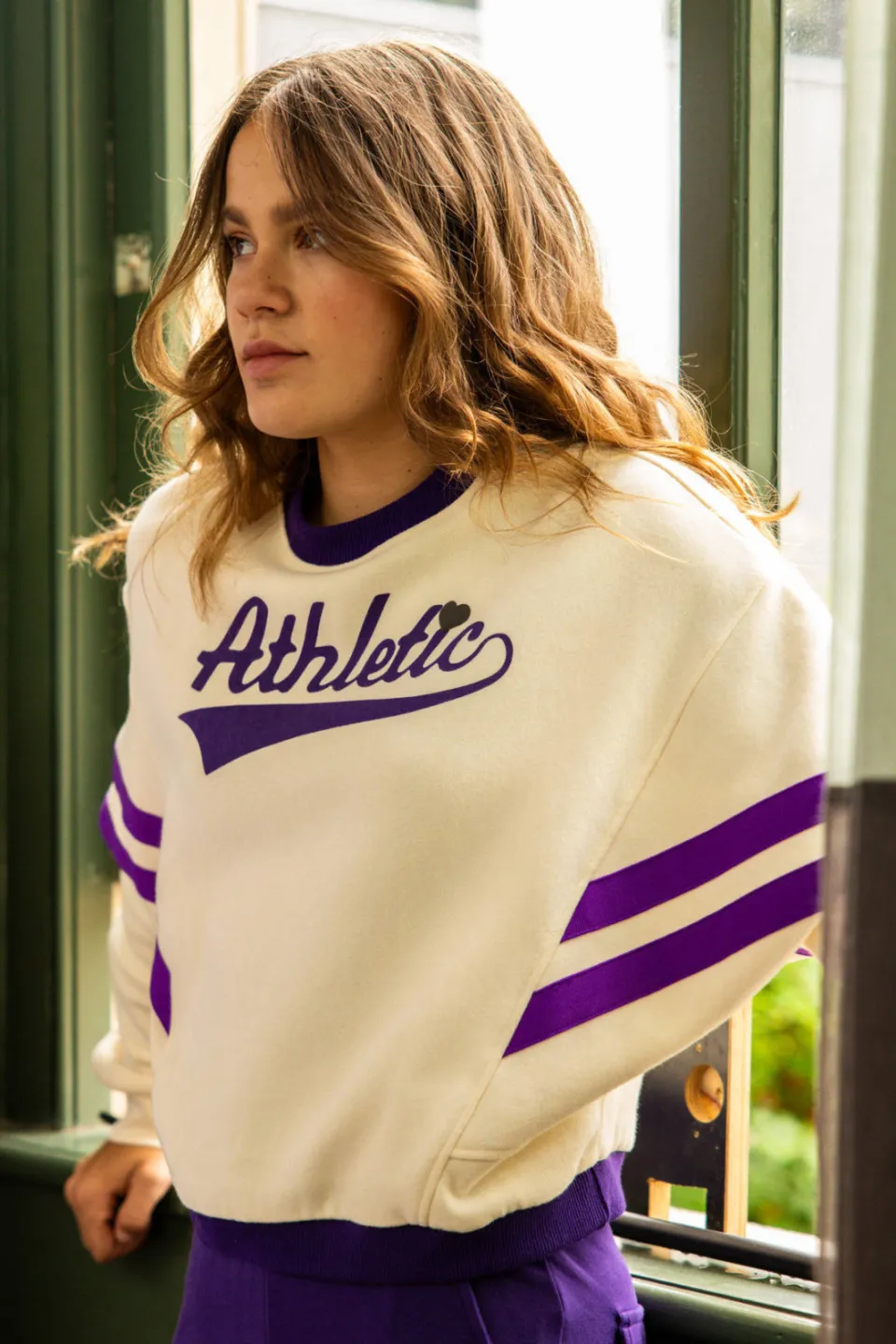 LOOXS 10sixteen oversized gestreepte sweater met tekst - ecru/paars, foto 4
