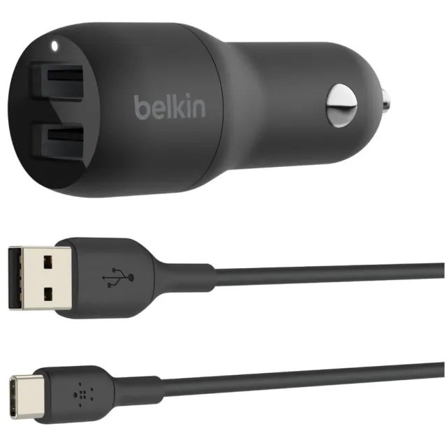 Belkin Dual USB-A Car Charger + USB-A naar USB-C kabel - 24W Oplader Zwart
