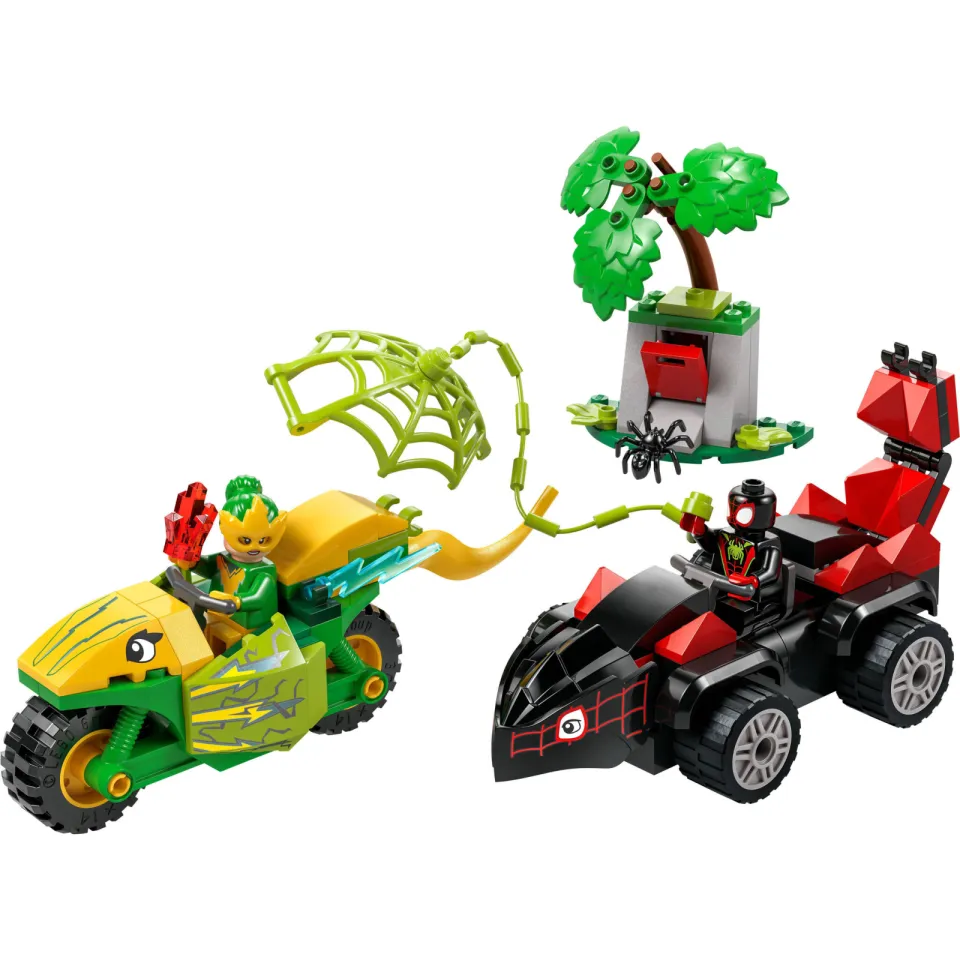 Lego Marvel Spidey en zijn geweldige vriendjes Spin en Electro achtervolging met dinosaurusvoertuigen 11198