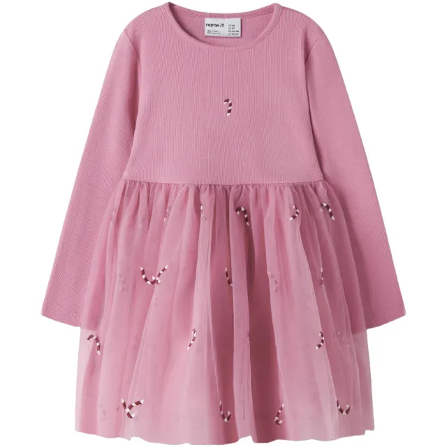 NAME IT MINI korte jurk met borduursels roze