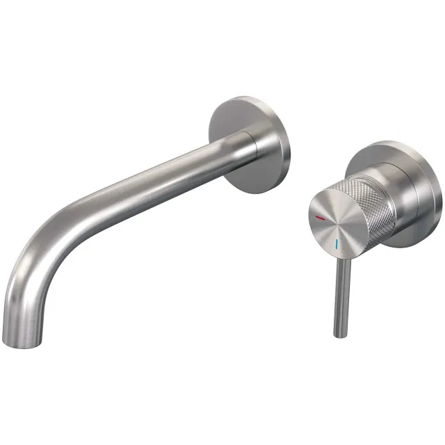 Brauer Inbouw Wastafelmengkraan Brauer Brushed Carving Coldstart Gebogen Uitloop Ronde Hendel Rechts Geborsteld RVS PVD Met Rozetten