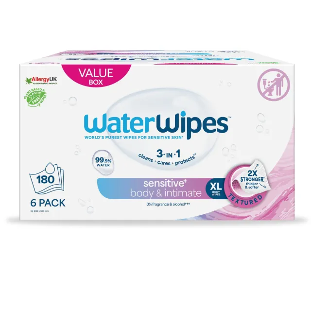 WaterWipes Sensitive+ Body & Intimate XL Doekjes – 180 stuks (6 verpakkingen)