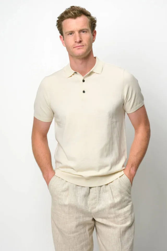 Profuomo zijden regular polo ecru fijn gebreid Off White
