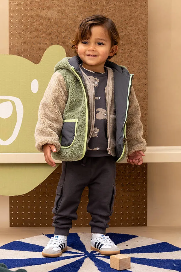 Babyface teddy reversible jas groen antraciet Groen/antraciet