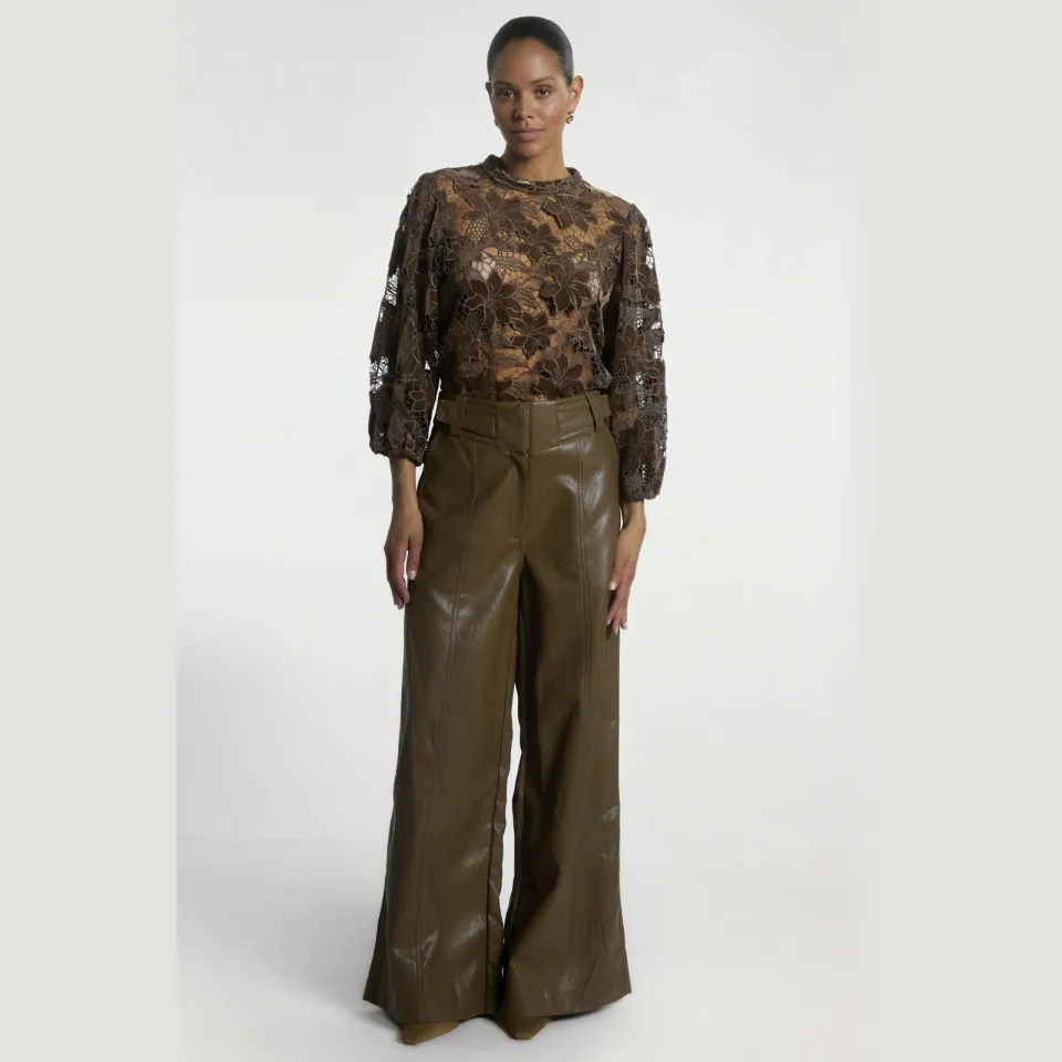 Aaiko top met bloemenkant bruin, foto 3