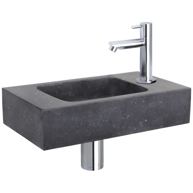 Differnz Fonteinset Differnz Bombai Natuursteen 40x22x9 cm Zwart Met Rechte Kraan Chroom