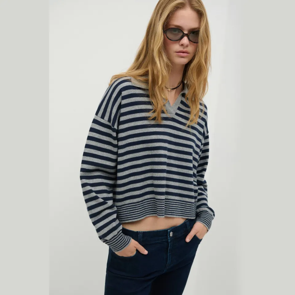 Mango TEEN katoenen gestreepte gebreide trui - grijs/blauw, foto 3