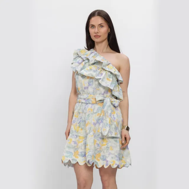 AMAYA Amsterdam Clover one shoulder jurk paars Paars/geel/ecru