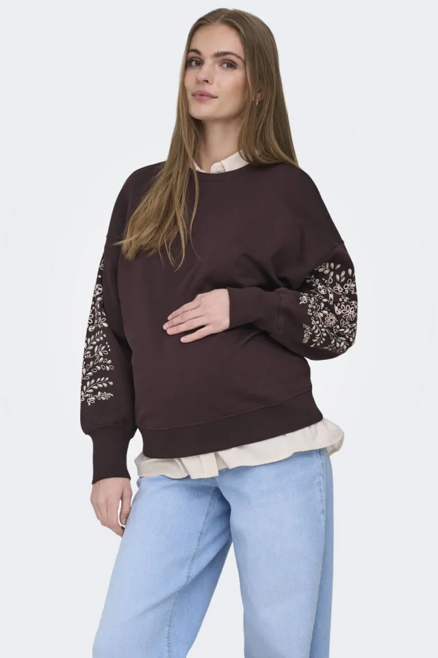 Only MATERNITY zwangerschaps gebloemde sweater donkerbruin