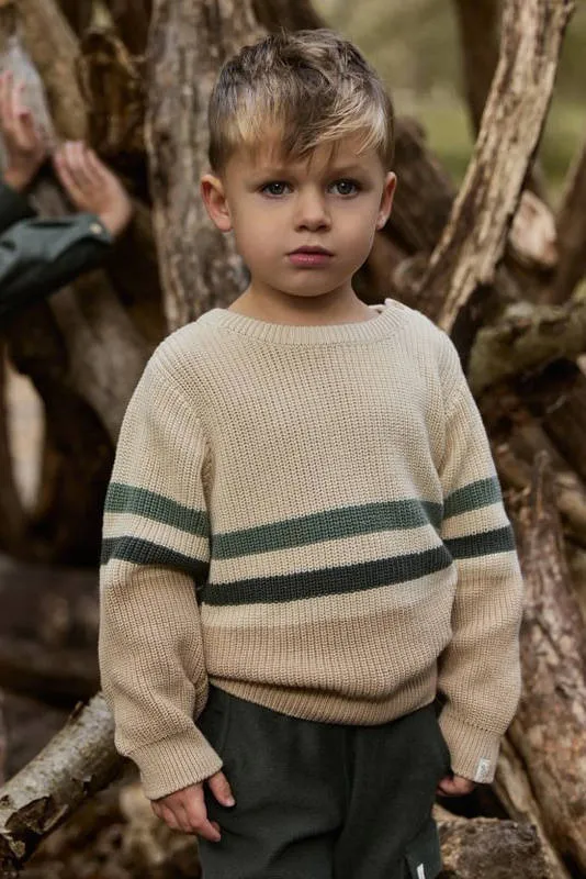 Little Dutch junior katoenen gestreepte gebreide trui - beige/groen