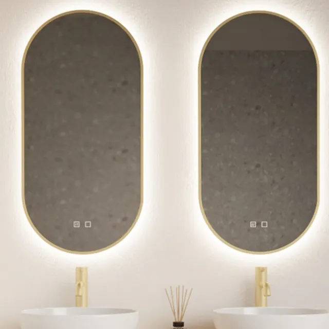 Gliss Design Spiegel Gliss Design Aura 50x100cm Mat Goud Ovaal Met LED Verlichting & Geintegreerde Spiegelverwarming