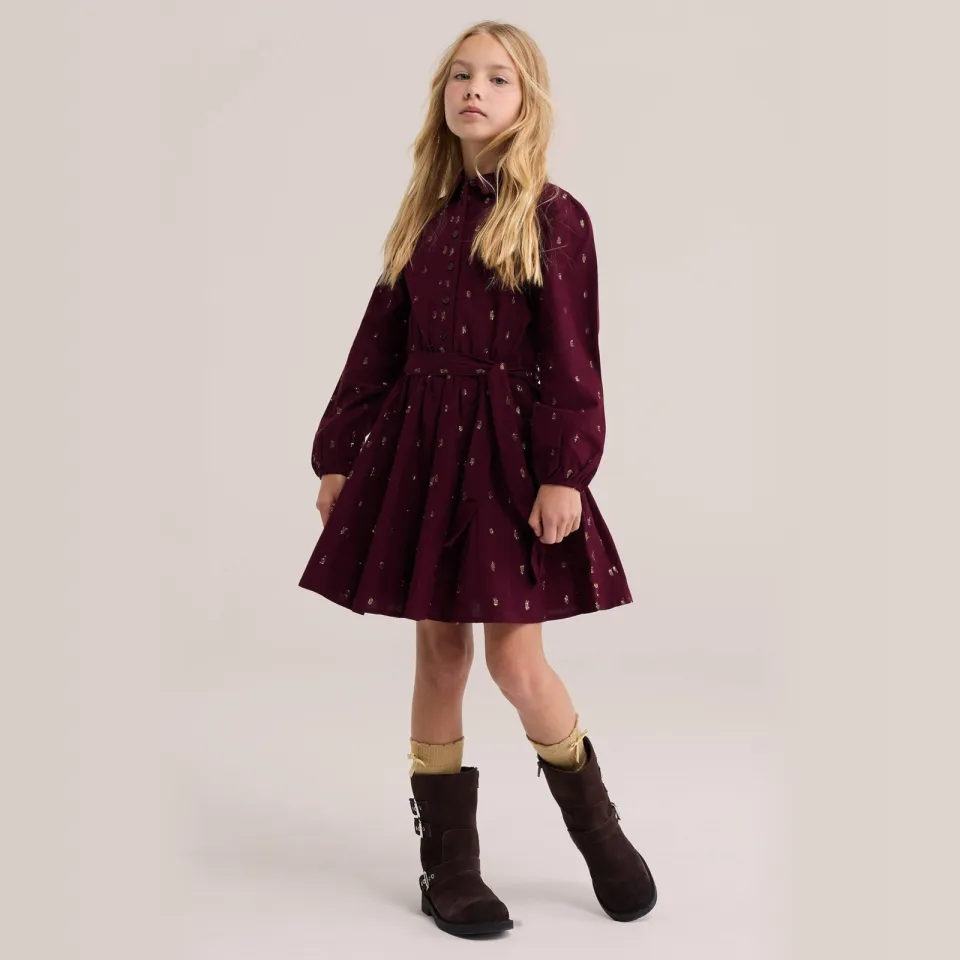 WE Fashion korte jurk met glitterprint donkerrood donkerrood/goud, foto 3