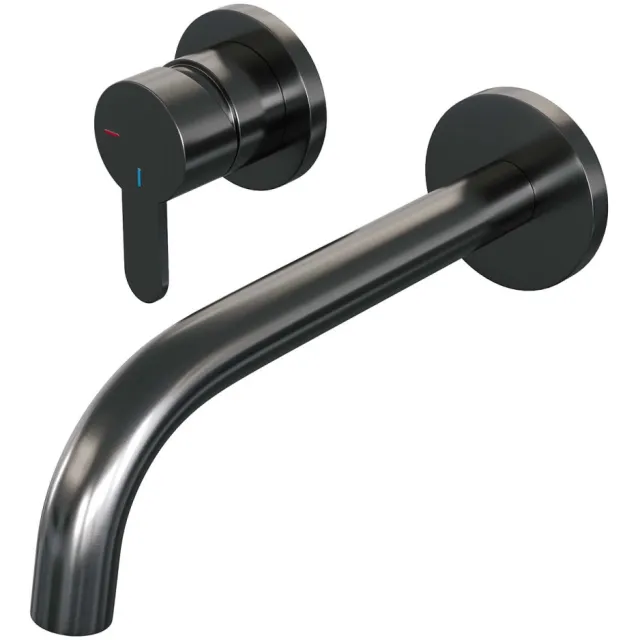 Brauer Inbouw Wastafelmengkraan Brauer Gunmetal Edition Coldstart Gebogen Uitloop Korte Platte Hendel Links Geborsteld Gunmetal PVD Met Rozetten