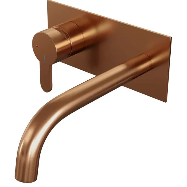 Brauer Inbouw Wastafelmengkraan Brauer Copper Edition Coldstart Gebogen Uitloop Korte Platte Hendel Links Geborsteld Koper PVD Met Afdekplaat