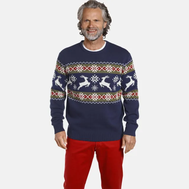 Jan Vanderstorm Plus Size katoenen oversized gebreide kersttrui met print - blauw
