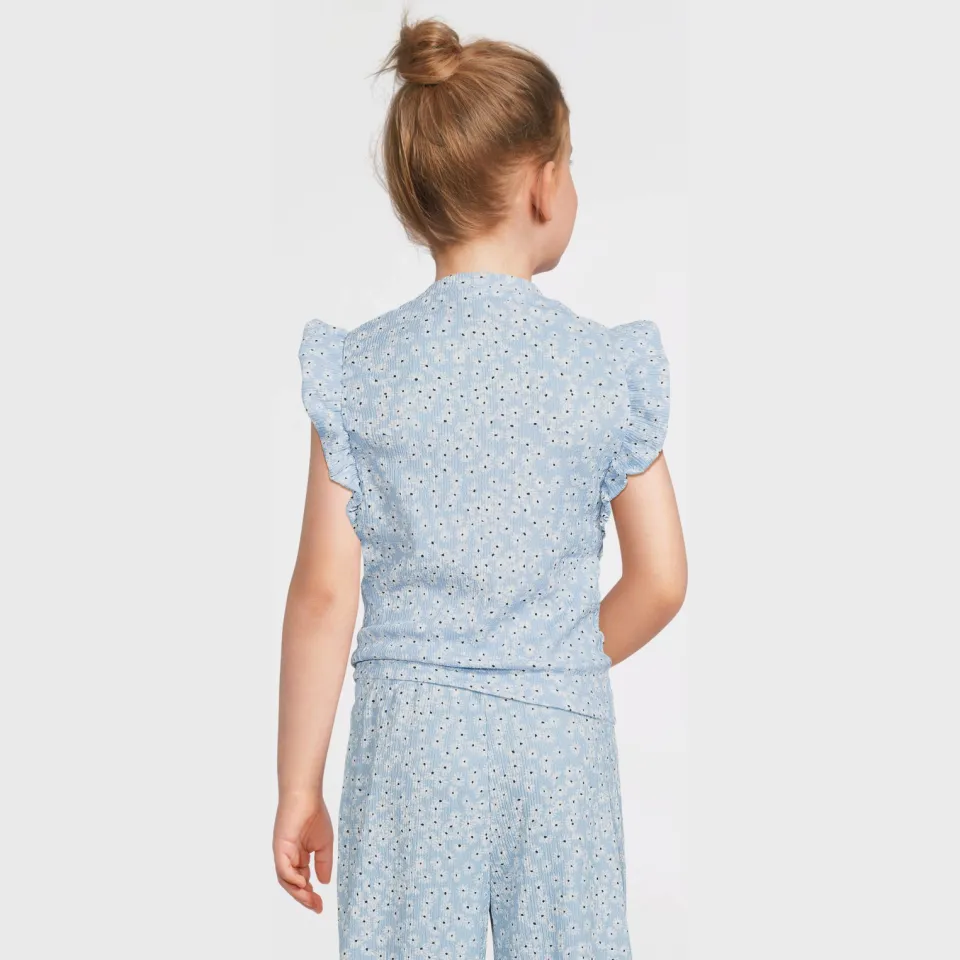 Anytime crinkle top met ruffles bloemenprint lichtblauw, foto 4